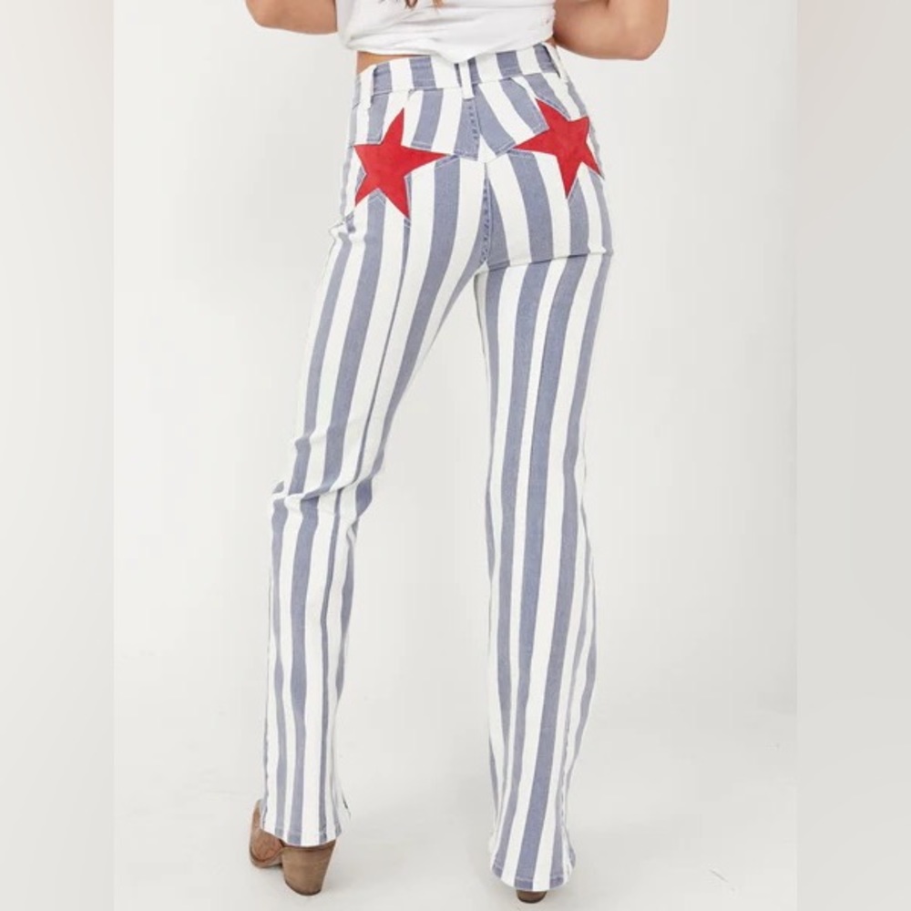 Free People Firecracker Striped Star High Waisted Flare Leg Stretch Denim Jeans